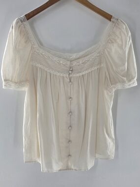 Joie Cream Lace-Trim Square-Neck Button Front Short Puff Sleeve Womens Size Med